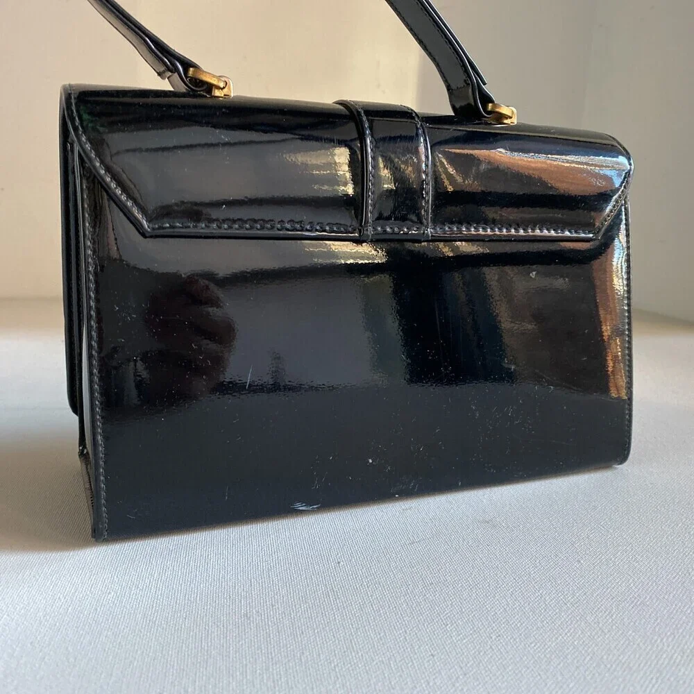 Vintage Black Paten Leather Small Box Structured Top Handle Bag